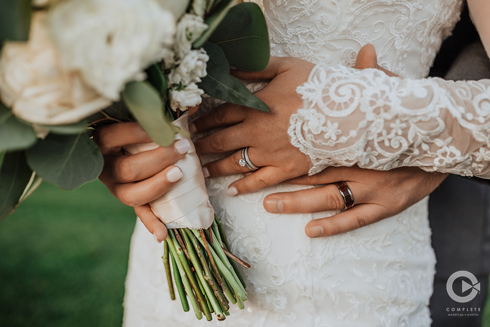 Lace Dress Wedding Rings Detail Photography
