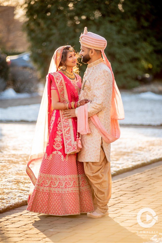 pink and coral, gold wedding
