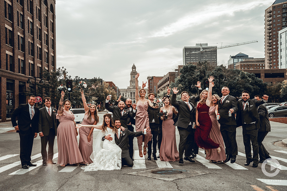 wedding party group photo in Downtown Des Moines