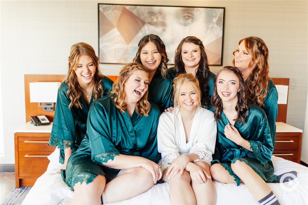 bridesmaids in green robes