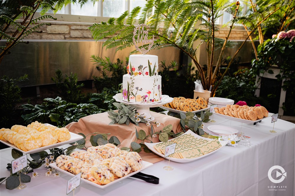 floral simple cake and dessert table