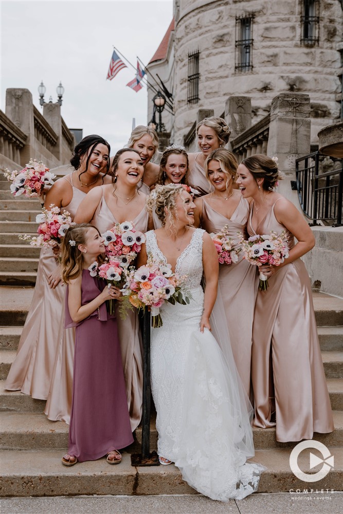 bridesmaids and flower girl in pink