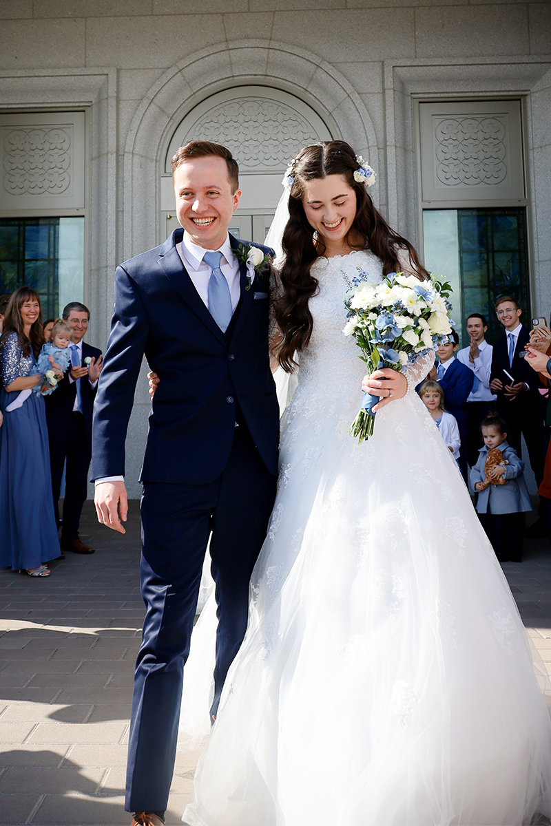 Blue florals at Mormon wedding